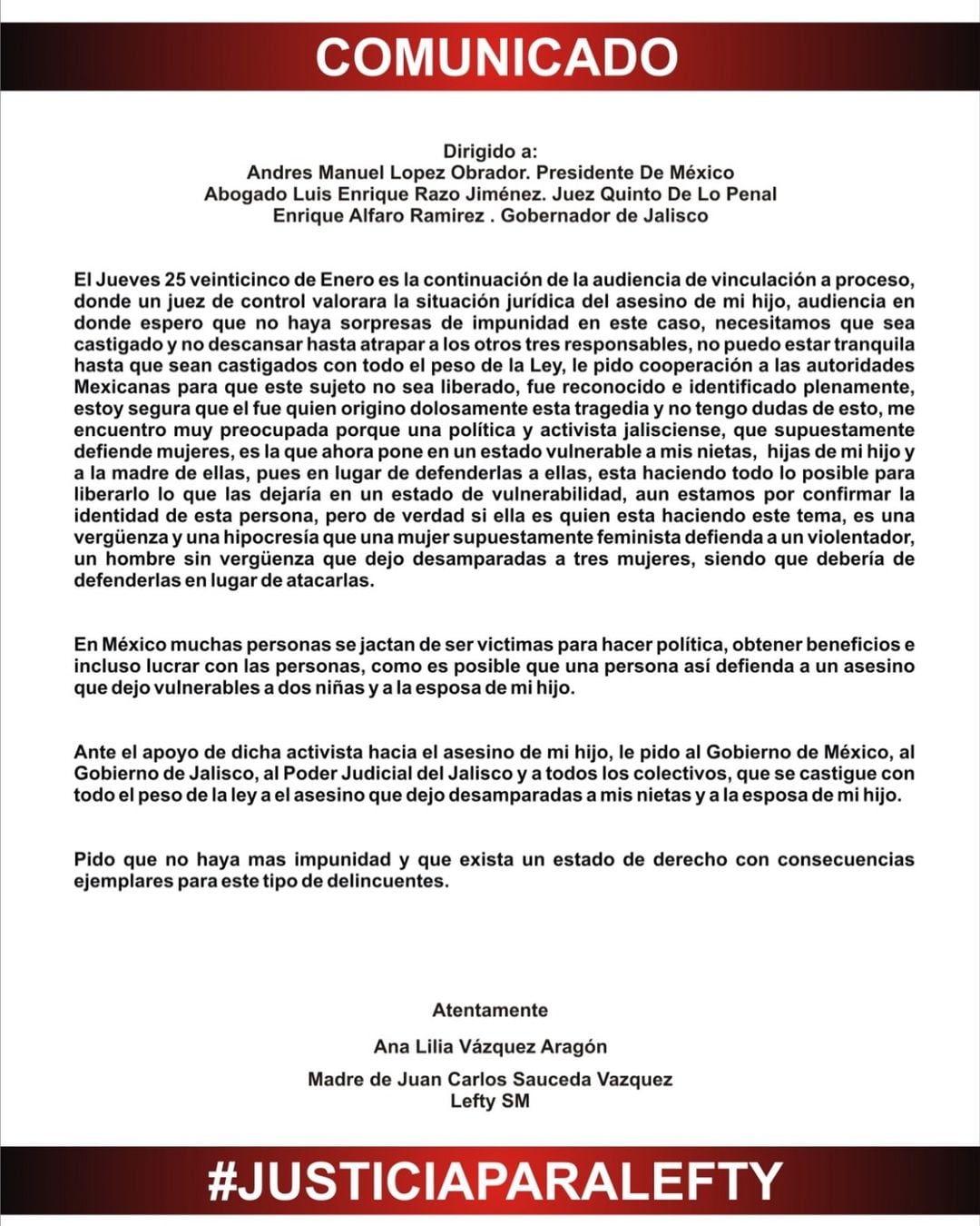 Comunicado de la mamá de Lefty a AMLO.