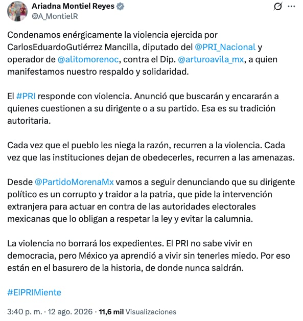 Ariadna Montiel condena agresión de Carlos Gutiérrez Mancilla contra Arturo Ávila