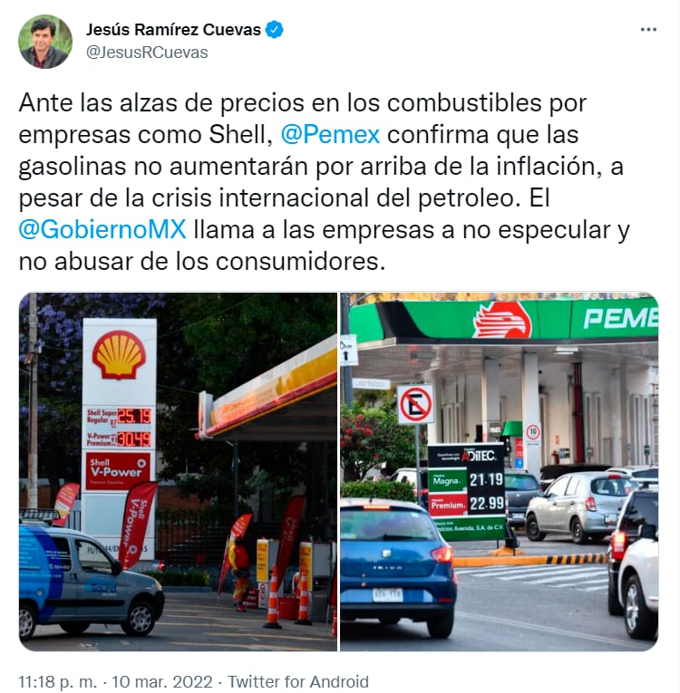 Tuit de Jesús Ramírez dónde llama a las empresas ano especular con los precios de la gasolina