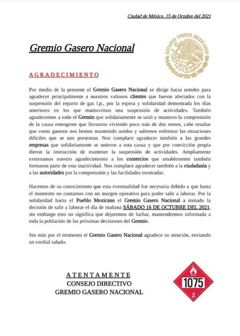 Comunicado del Gremio Gasero Nacional