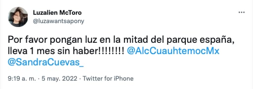 vecinos denuncian apagones en Parque España desde hace un mes/captura de pantalla de Twitter