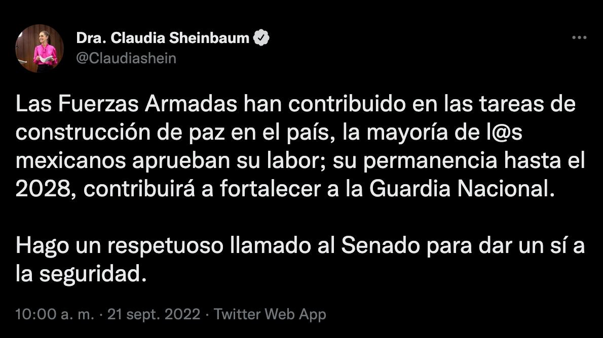 Claudia Sheinbaum llama a Cámara de Senadores a aprobar la estadía del Ejército en seguridad hasta 2028