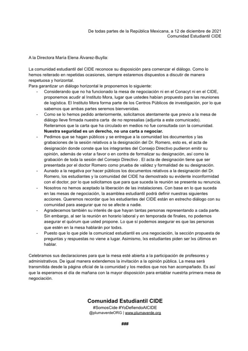 Pliego petitorio de la comunidad estudiantil del CIDE