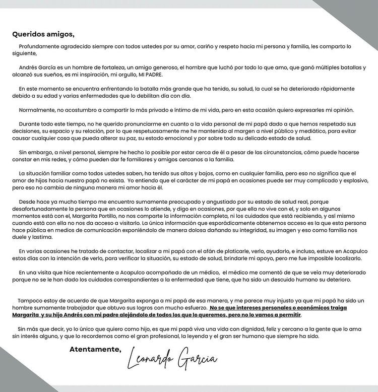 Leonardo García, comunicado