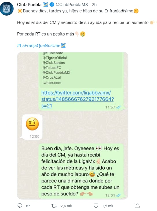 publicación del community manager del Club Puebla