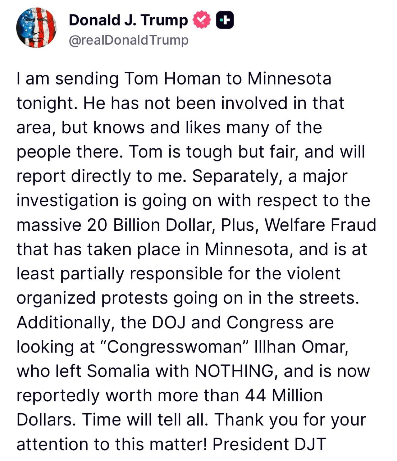 Trump confirma la llegada de Tom Homan a Minneapolis tras hablar con Tim Walz