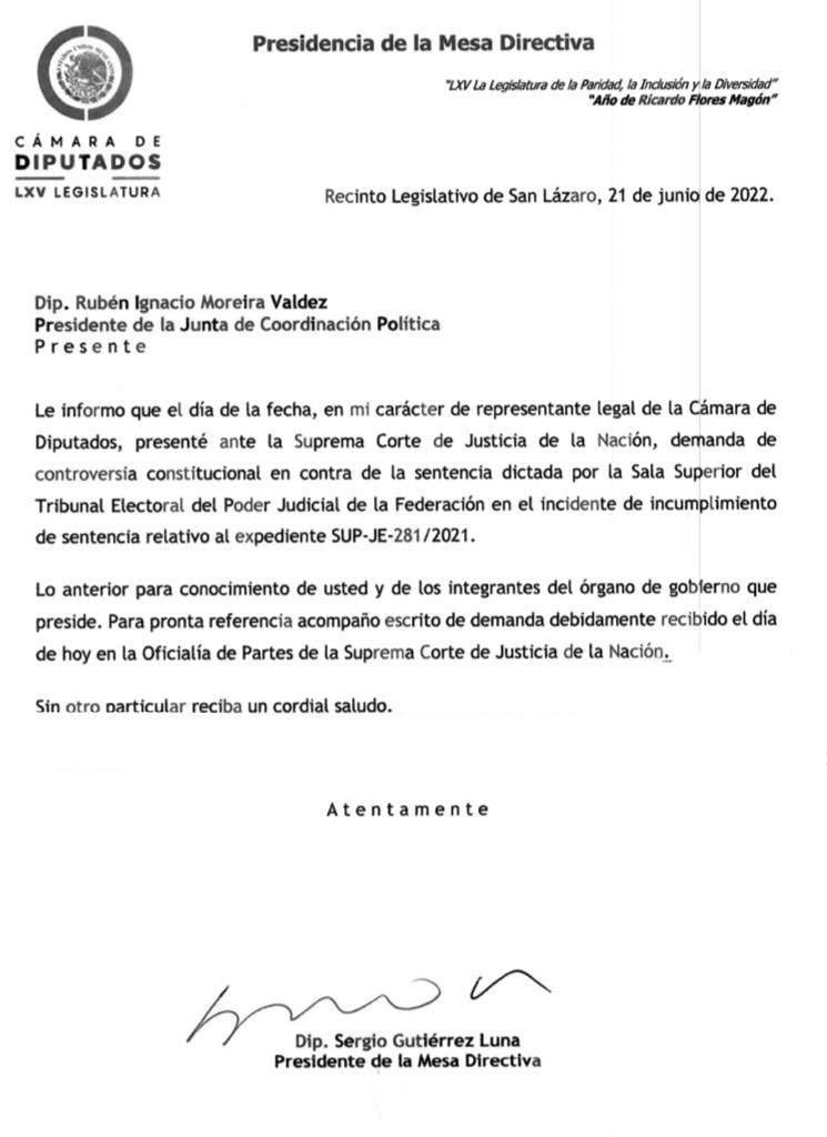 Sergio Gutiérrez Luna presenta controversia contra el TEPJF; se niega a darle un lugar a Movimiento Ciudadano en la Comisión Permanente