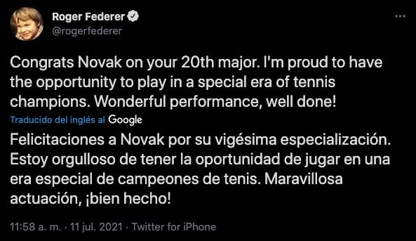 Roger Federer mandó mensaje a Novak Djokovic