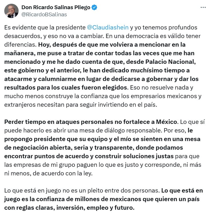 Ricardo Salinas Pliego pide diálogo a Claudia Sheinbaum para negociación abierta