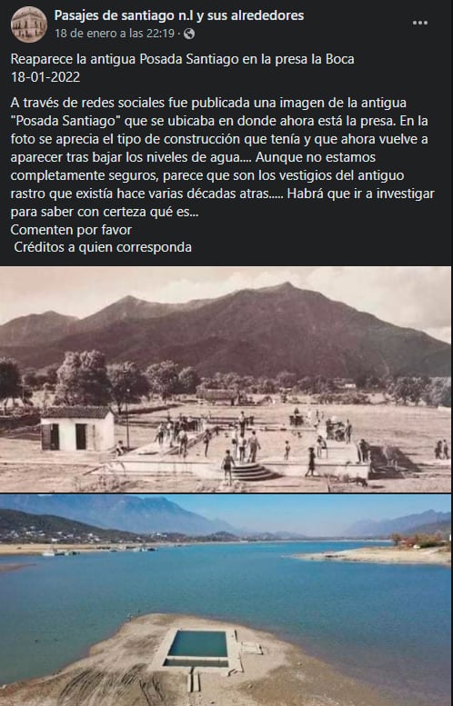 Captura de pantalla de la reaparición de la Posada de Santiago tras la sequía de la presa de la boca en Nuevo León