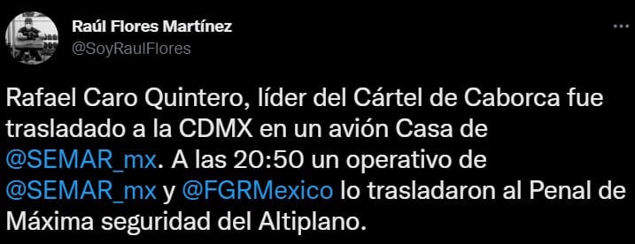 Trasladan a Rafael Caro Quintero a Penal de Máxima seguridad del Altiplano