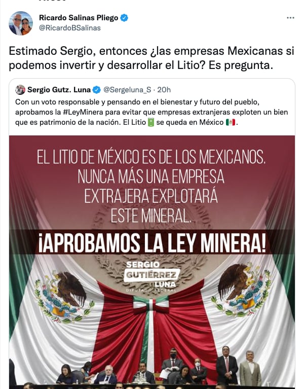 Ricardo Salinas Pliego cuestiona efectos de la Ley Minera