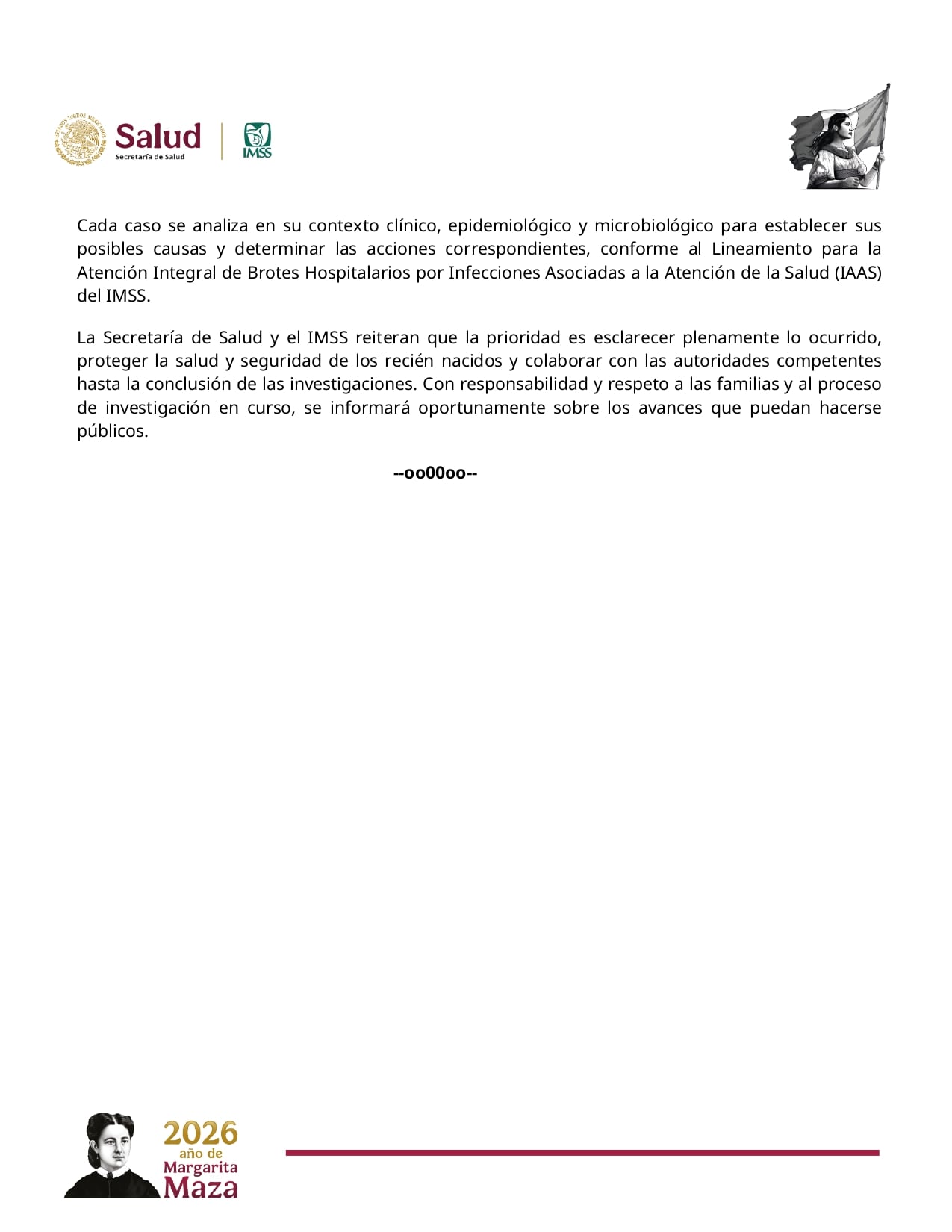 Comunicado de la Secretaría de Salud y el IMSS donde se confirman muertes de bebés en Jalisco por bacterias
