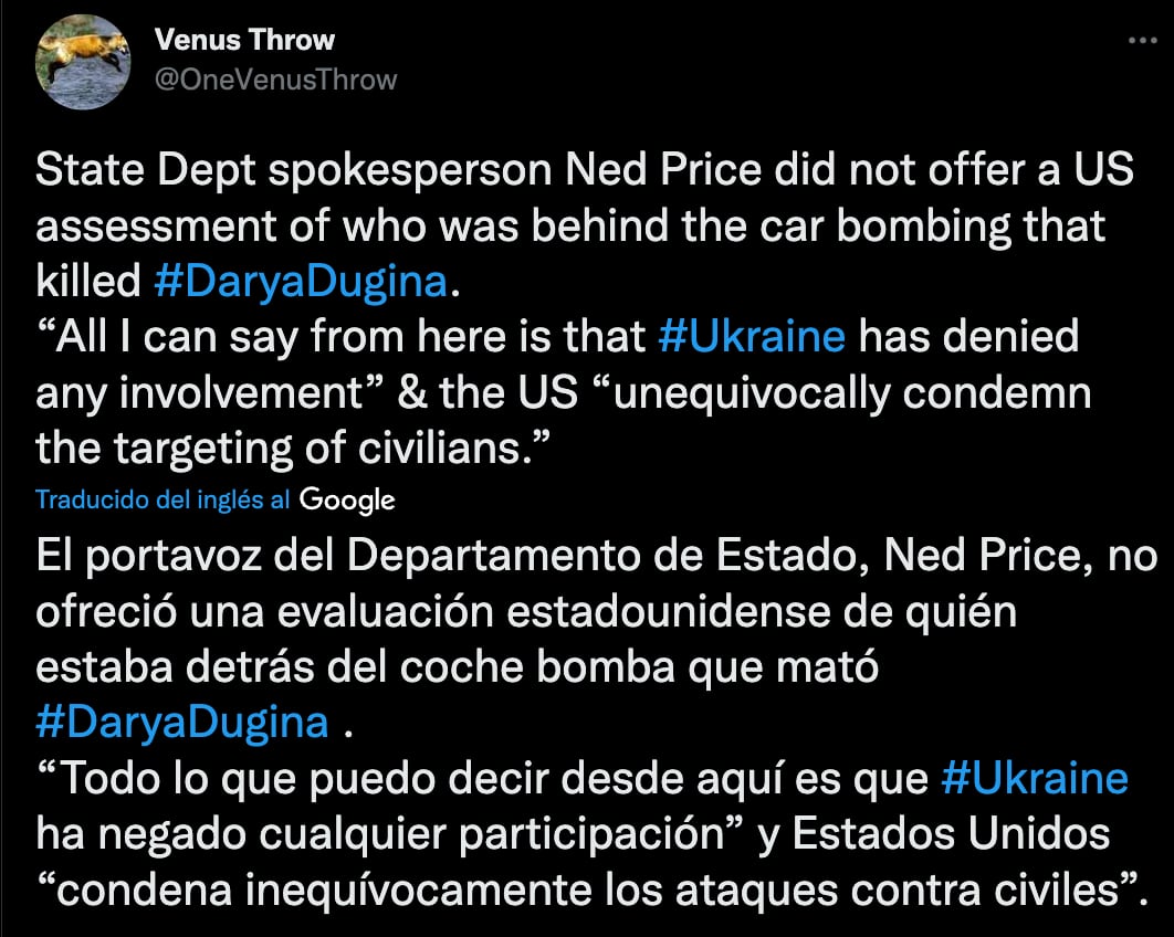 Estados Unidos condena el asesinato de Darya Dugina