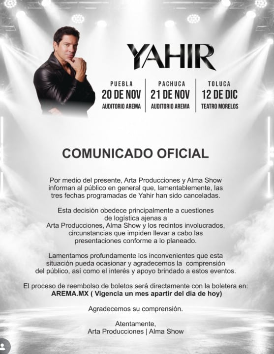 Yahir cancela tres de sus conciertos