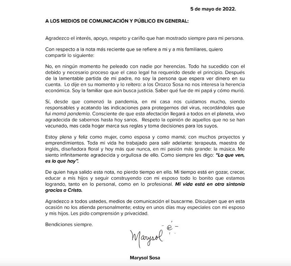 Comunicado de Marysol Sosa