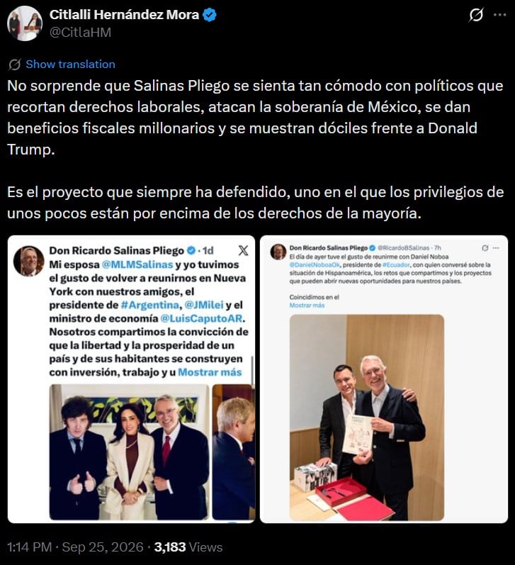 Citlalli Hernández: “No sorprende que Salinas Pliego se sienta cómodo con políticos que recortan derechos laborales”