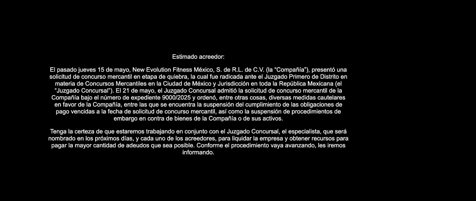 Comunicado de Energy Fitness