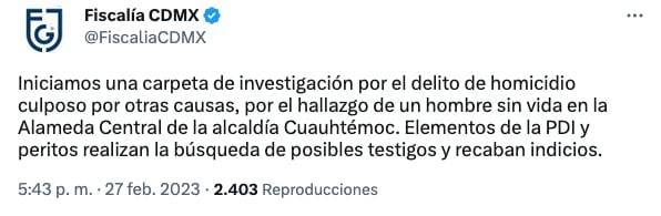 Fiscalía de la CDMX investiga hallazgo de hombre muerto en Alameda Central