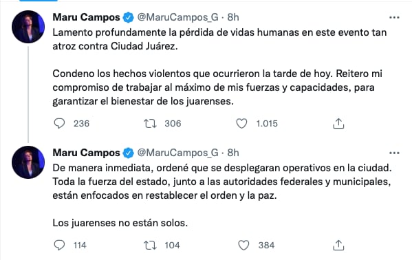 Maru Campos, gobernadora de Chihuahua se manifestar por los ataques en Ciudad Juárez/@MaruCampos_G