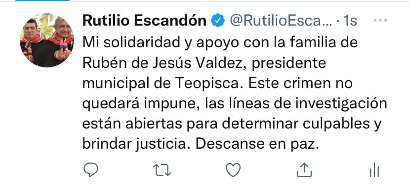 Rutilio Escandón lamenta muerte de alcalde de Teopisca