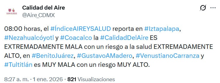 Hay mala calidad del aire en varias alcaldías de la CDMX