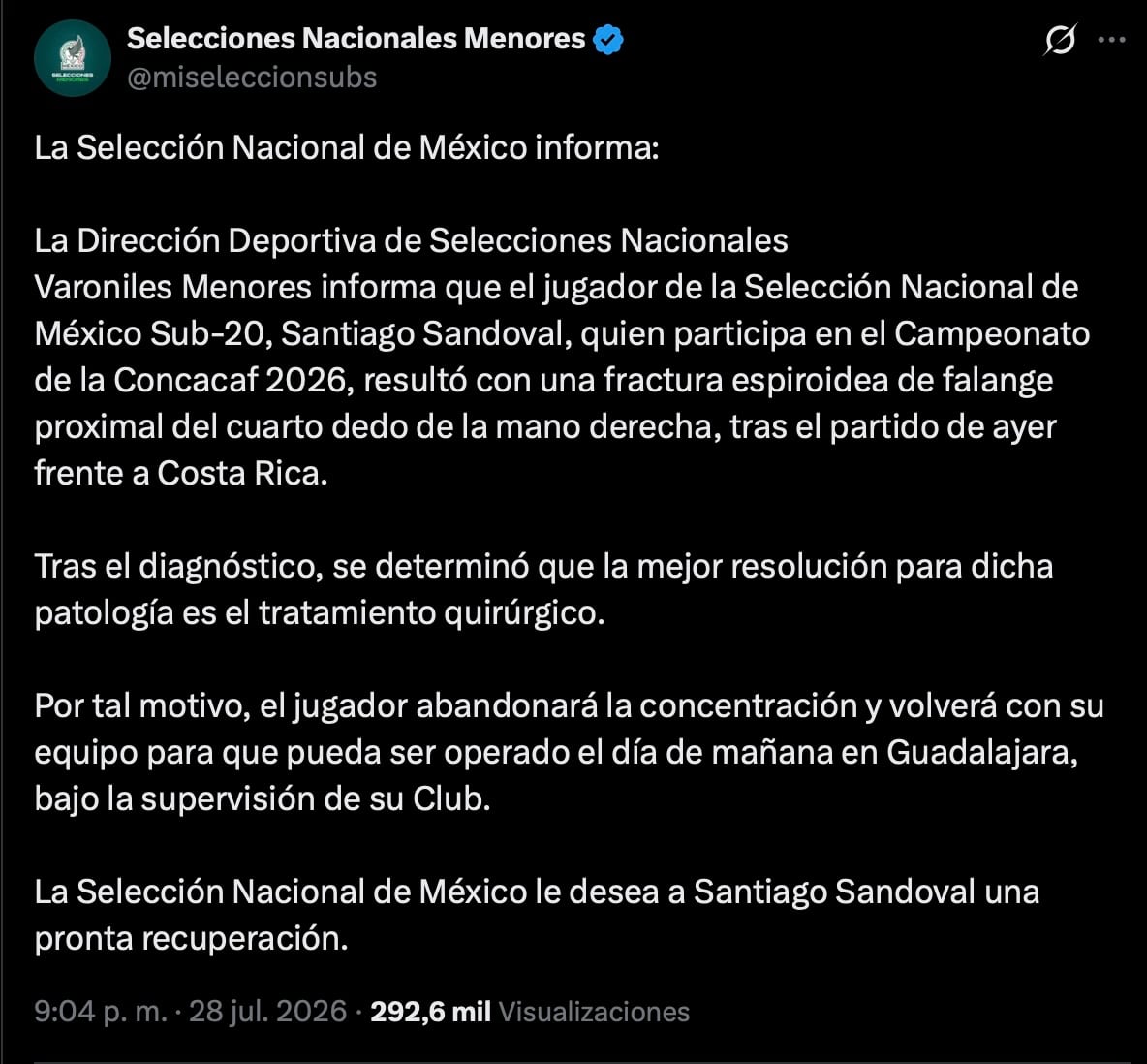 Santiago Sandoval abandona el Tri Sub-20 tras sufrir una fractura espiroidea