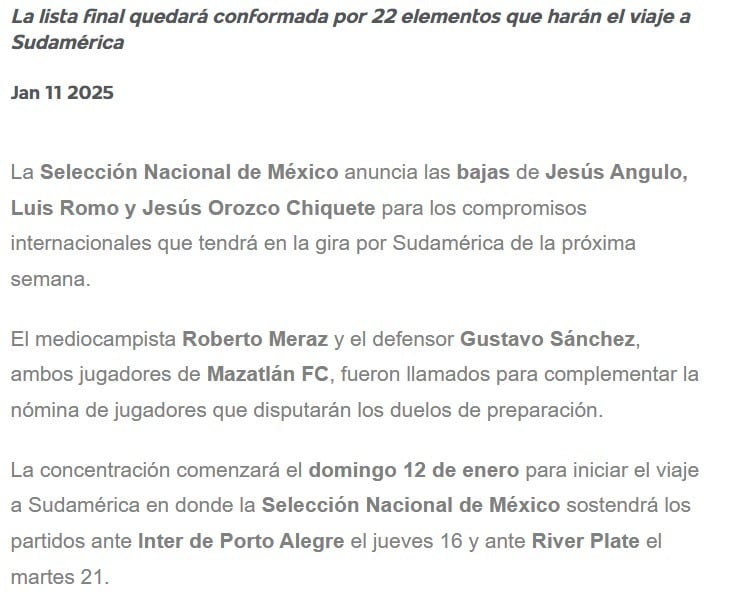 Nuevo ridículo de la Selección Mexicana: Anuncia baja de Luis Romo y Orozco Chiquete para gira por Sudamérica