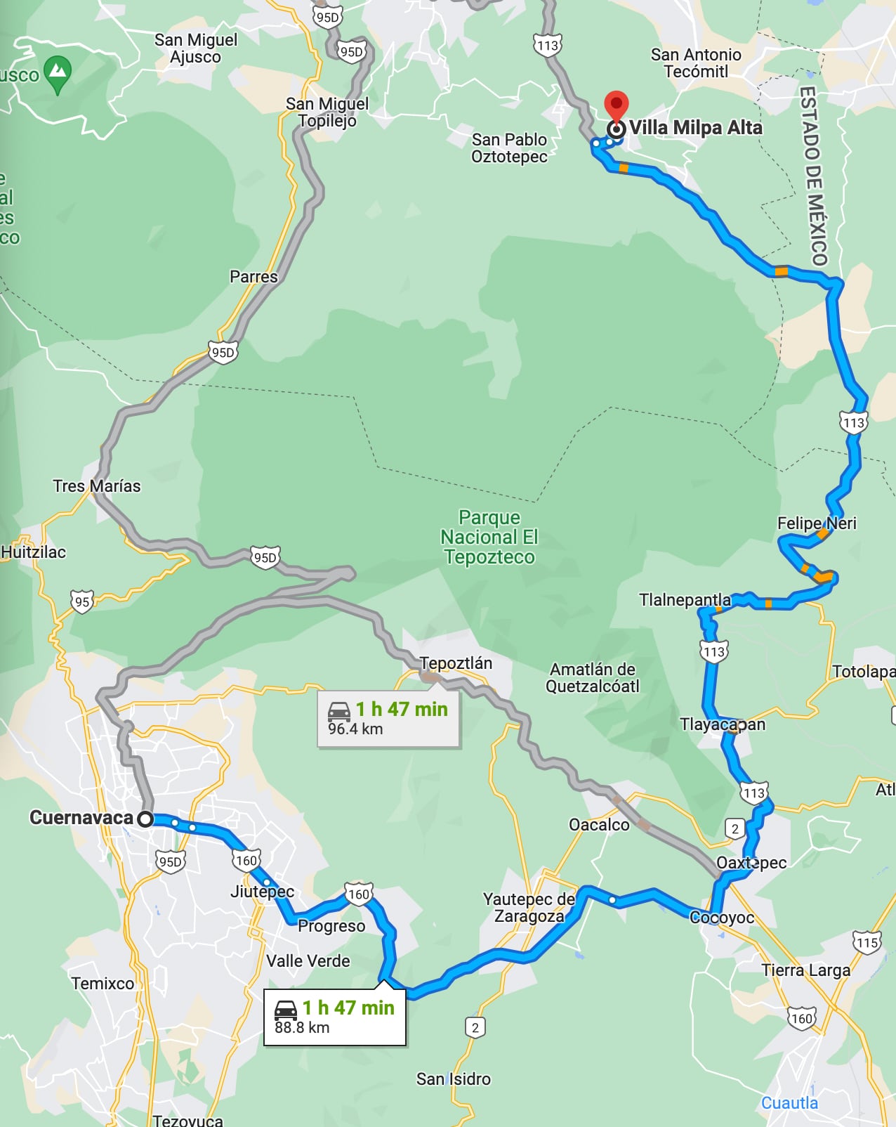 Ruta de Milpa Alta a Cuernavaca por Yautepec