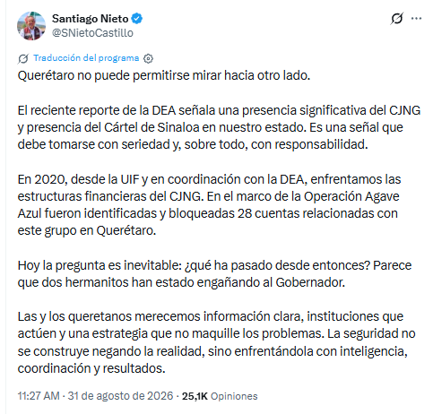 Santiago Nieto exige acciones contra CJNG y Cártel de Sinaloa en Querétaro