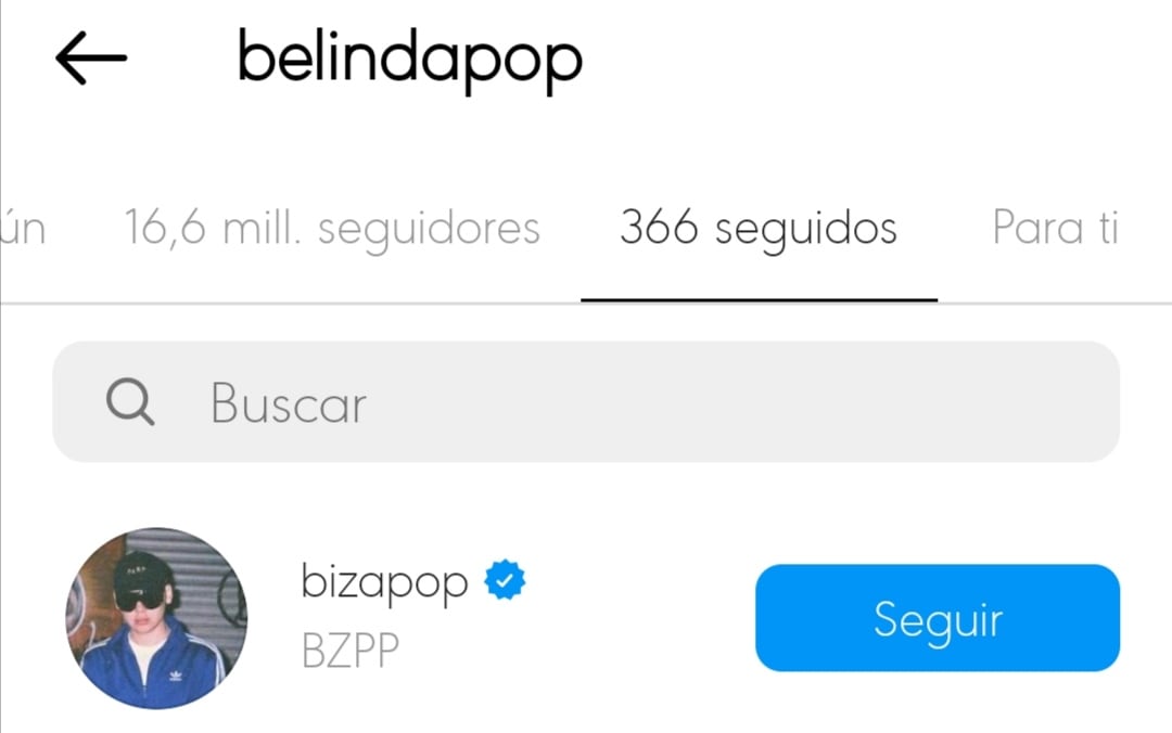 Belinda sí sigue a Bizarrap en Instagram.