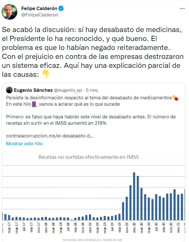 Felipe Calderón dice qué bueno que AMLO reconoce el desabasto de medicamentos en el país/ @FelipeCalderon
