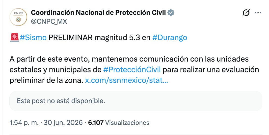 SSN borró tuit sobre temblor en Durango