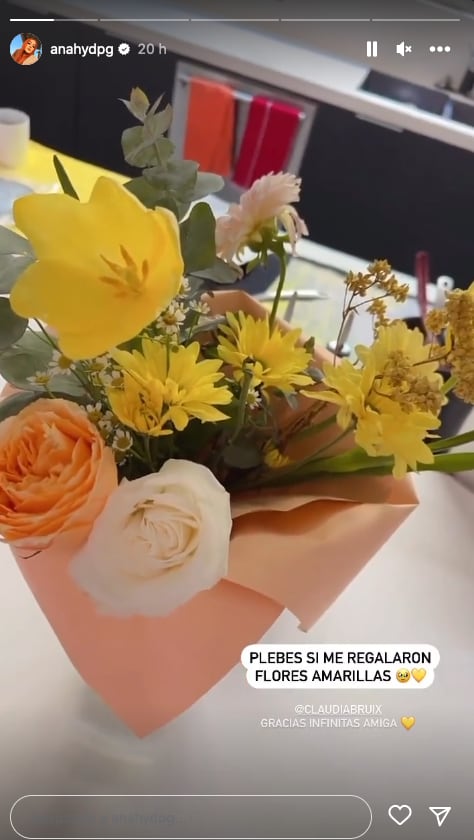 Daisy Anahí muestra que una amiga le regaló flores amarillas.