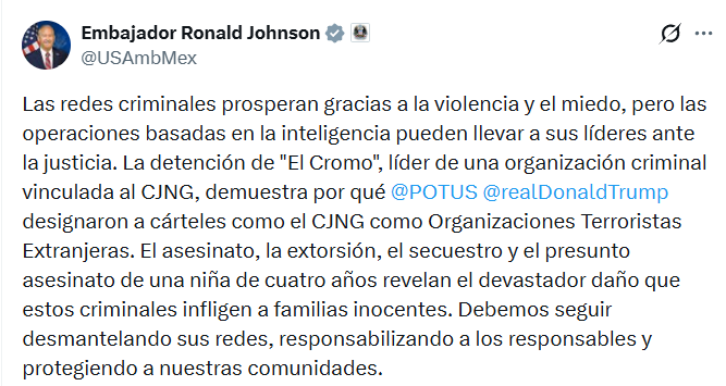 Ronald Johnson destaca designación terrorista del CJNG
