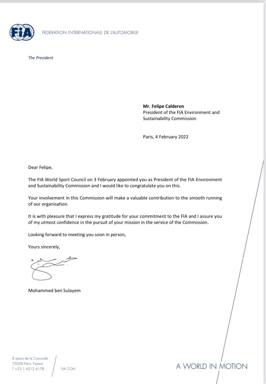 Carta de la FIA a Felipe Calderón