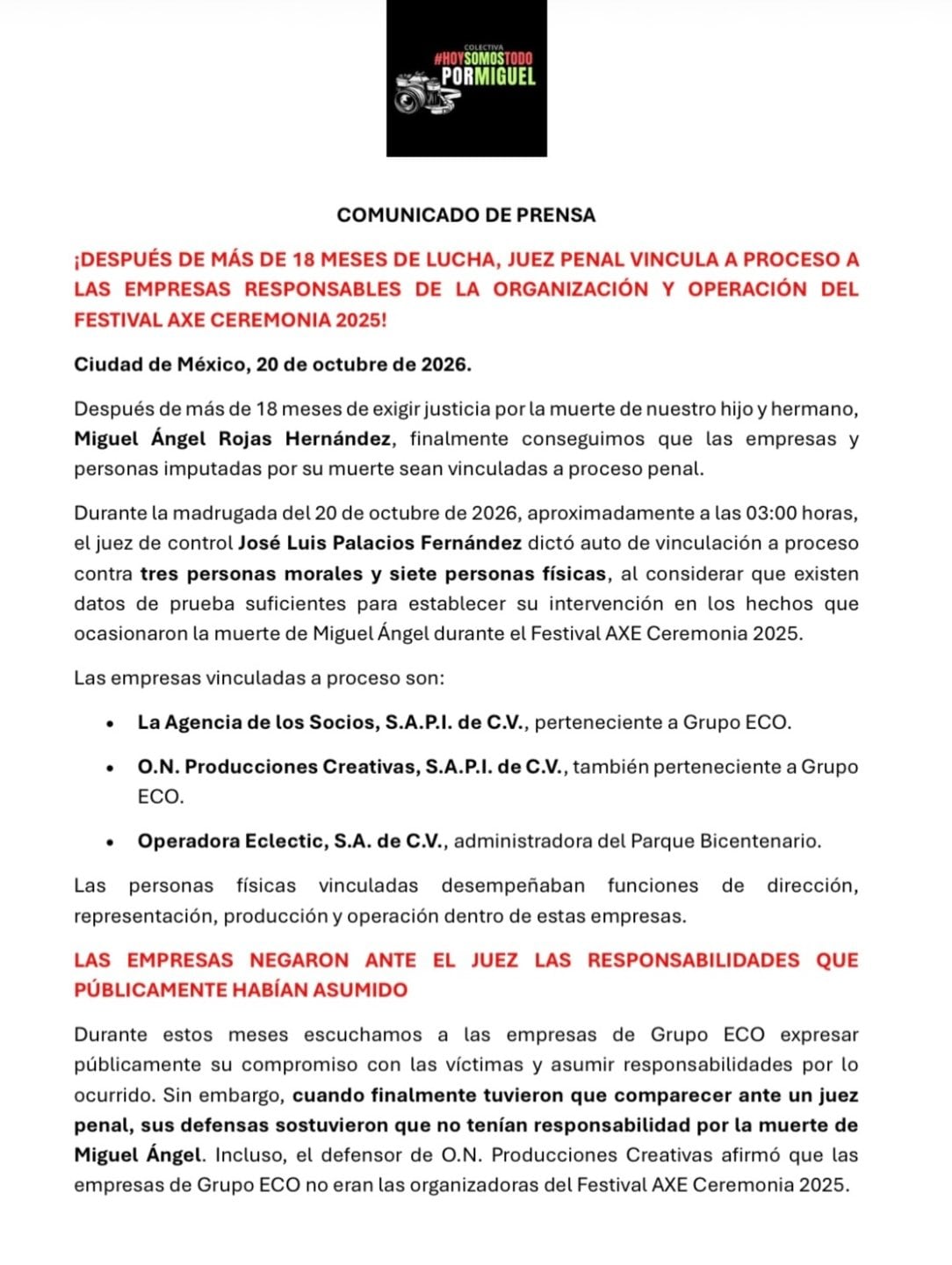 Familia de Miguel Ángel Rojas, comunicado