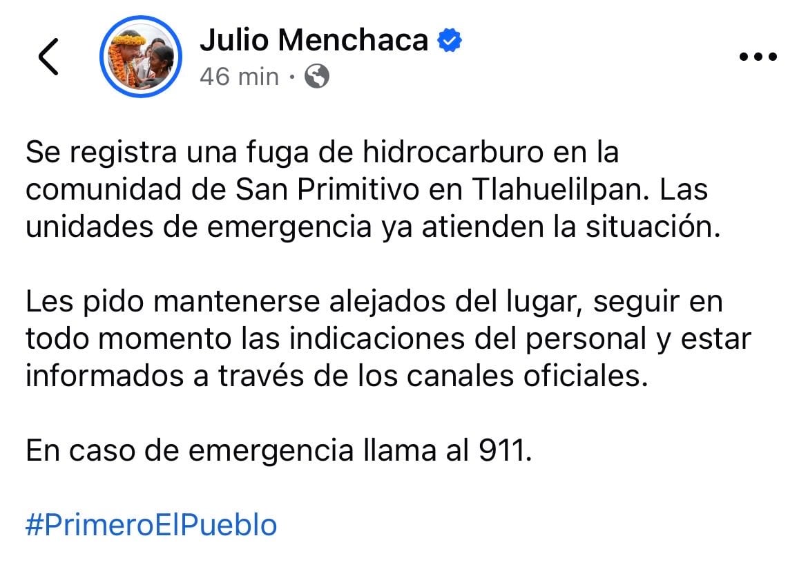 Reportan fuga de hidrocarburo en Tlahuelilpan, Hidalgo
