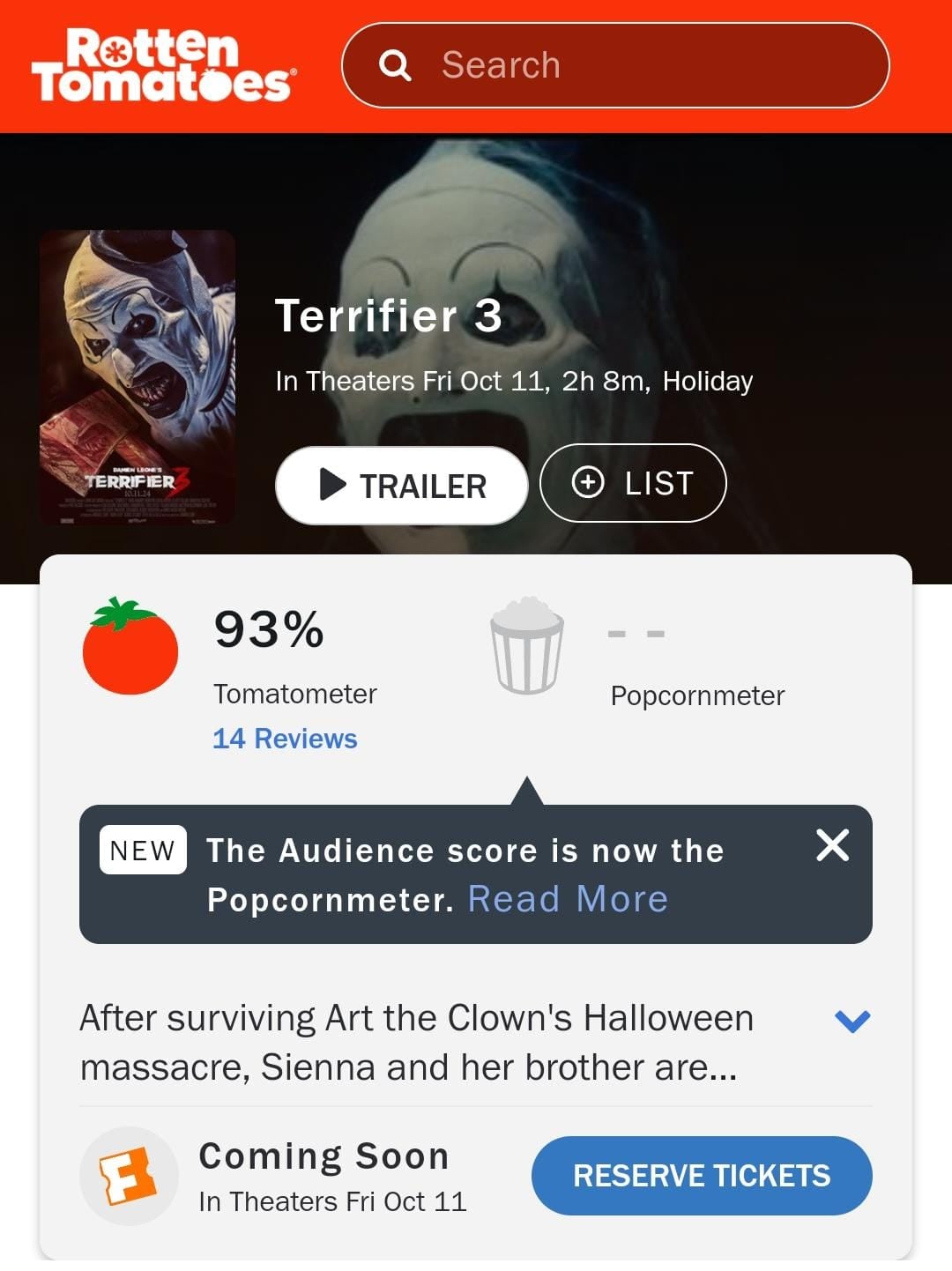 Calificación en Rotten Tomatoes de Terrifier 3
