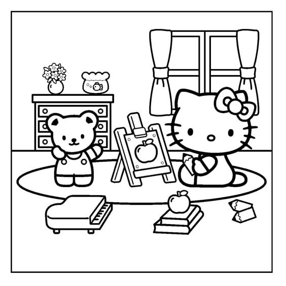 Dibujos de Hello Kitty regreso a clases para colorear