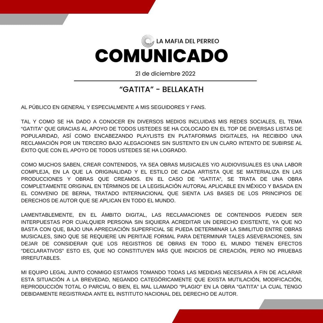 Comunicado publicado por Bellakath en su cuenta de Instagram