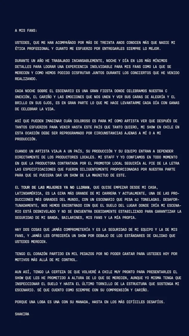 Comunicado de Shakira anunciando la cancelación de su concierto en Chile