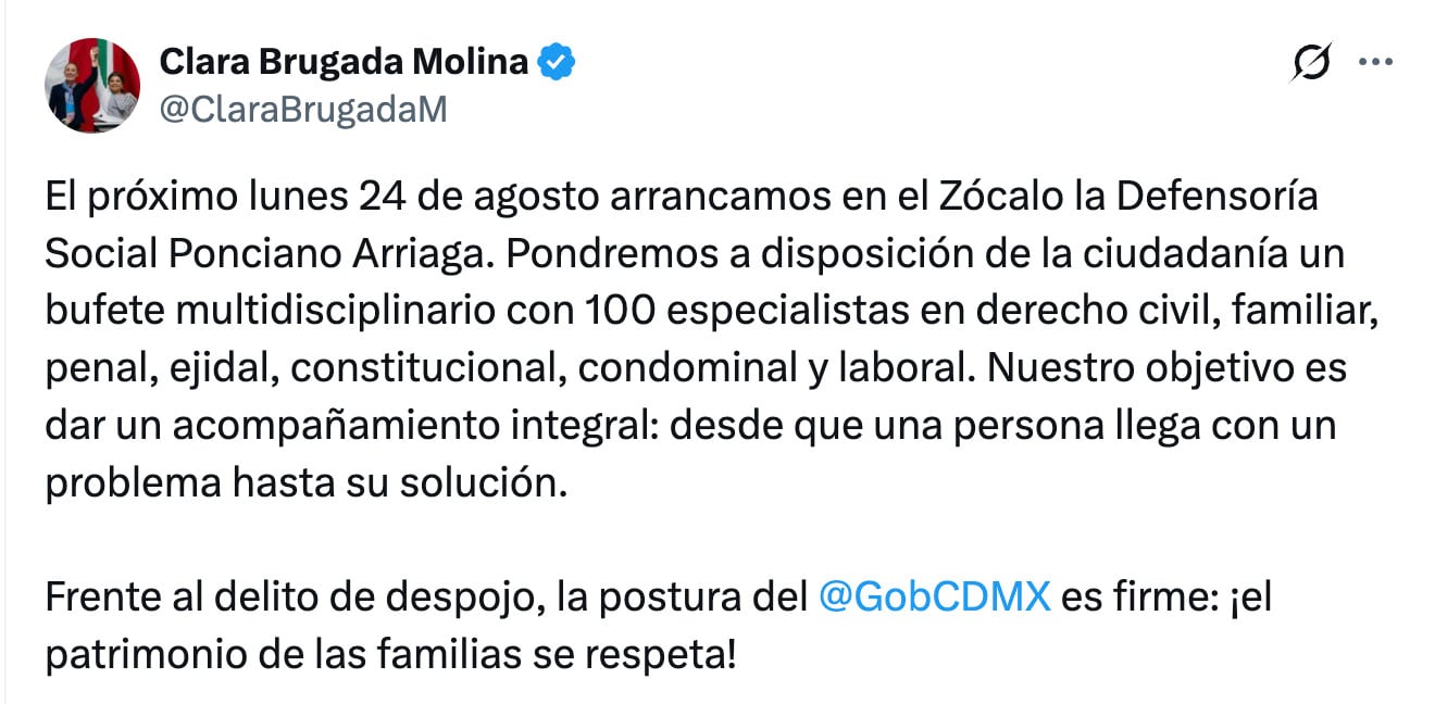 CDMX ofrecerá apoyo legal gratuito contra despojos, anuncia Clara Brugada