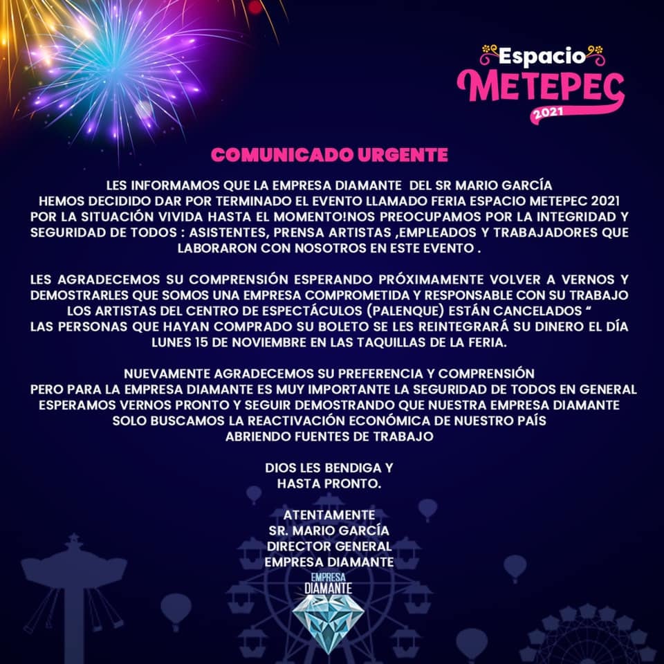 Comunicado oficial, se cancela la 'Feria de Metepec’
