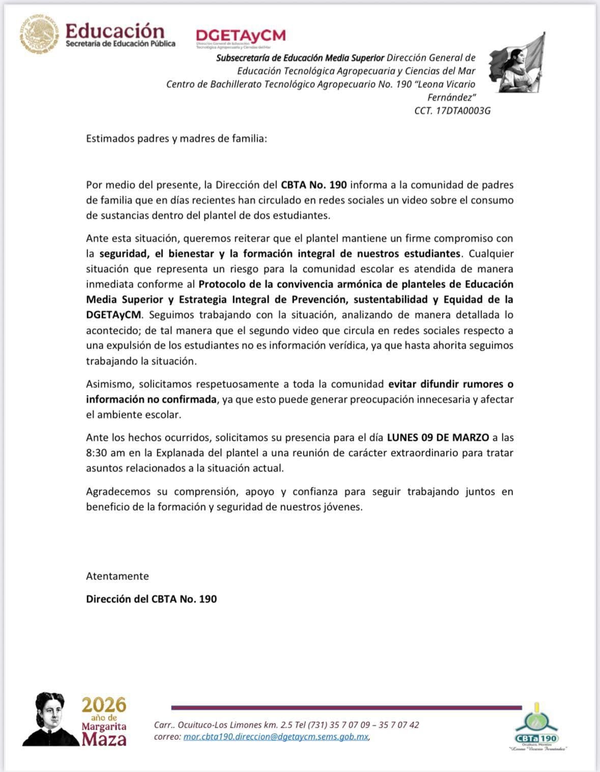 Comunicado del CBTA 190 sobre video de estudiantes