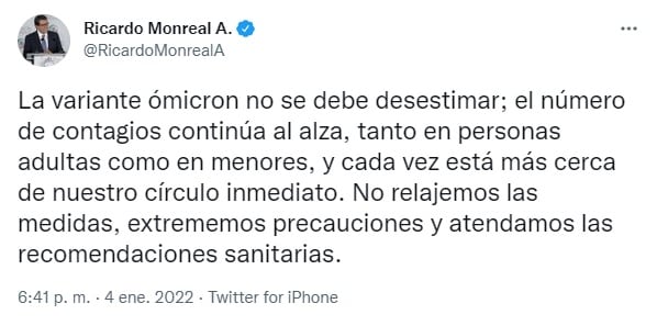 Tuit de Ricardo Monreal
