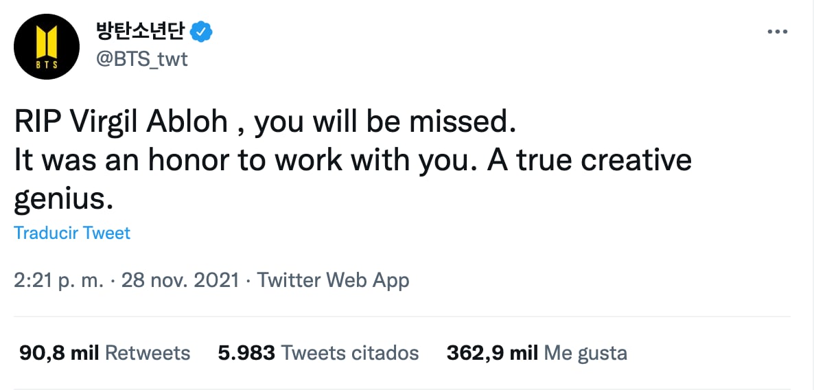 BTS Lamenta muerte de Virgil Abloh