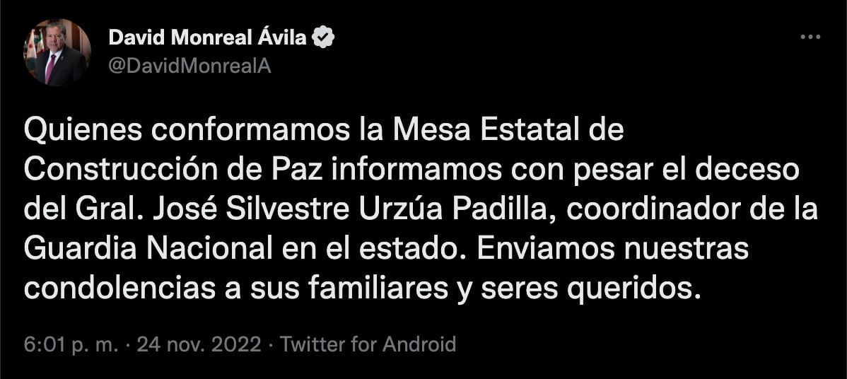 José Silvestre Urzúa Padilla, general y coordinador de la Guardia Nacional, murió en un enfrentamiento en Zacatecas