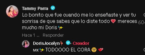Tammy Parra comentó el video de Doris Jocelyn y ella le respondió.