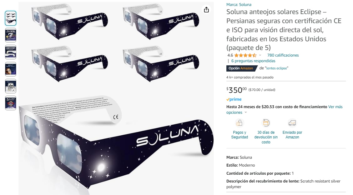 Lentes en Amazon para ver el eclipse